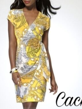 Cache Yellow and White Faux Wrap-Style Midi Dress